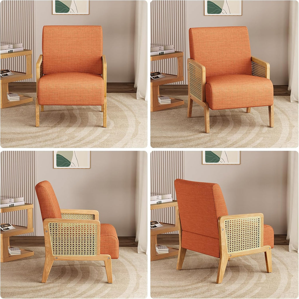 Modern Accent Chair with Rattan Armrest, Linen Fabric Arm Chair with Ash Wood Legs, Orange Accent Chair for Living Room, Bedroom, Balcony