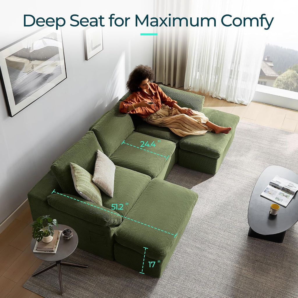 109" Modular Couch Modern Boneless Cloud Couch, U Shaped Sofa with Movable Ottomans, Deep Seat Corduroy Sectional Couches for Living Room, Apartment, No Assembly Required, Green