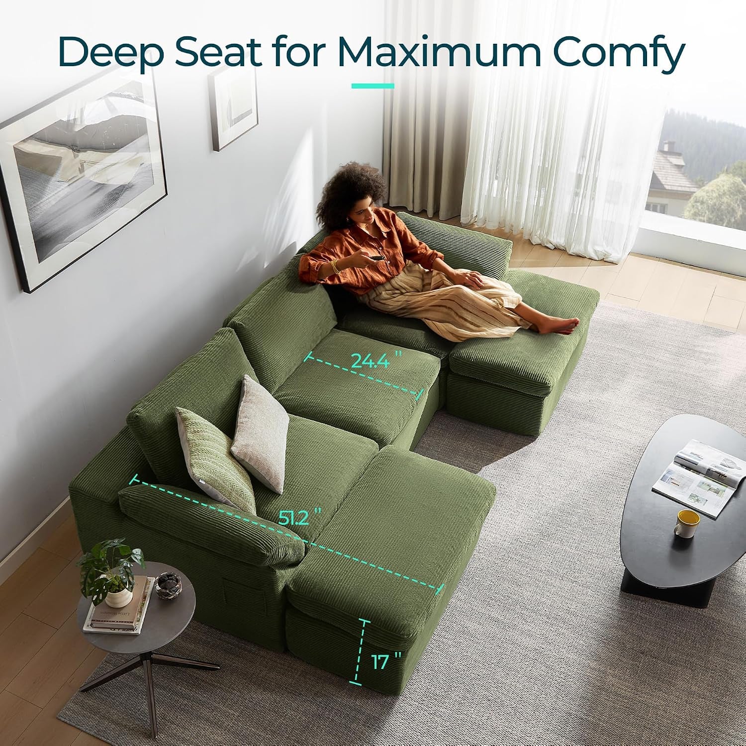 109" Modular Couch Modern Boneless Cloud Couch, U Shaped Sofa with Movable Ottomans, Deep Seat Corduroy Sectional Couches for Living Room, Apartment, No Assembly Required, Green