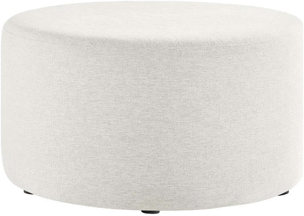 Callum 29 Inch round Ottoman in Heathered Weave Ivory - Heathered Woven Fabric - Versatile Upholstered Coffee Table and Footrest - Couch Ottoman - Living Room Accent Table