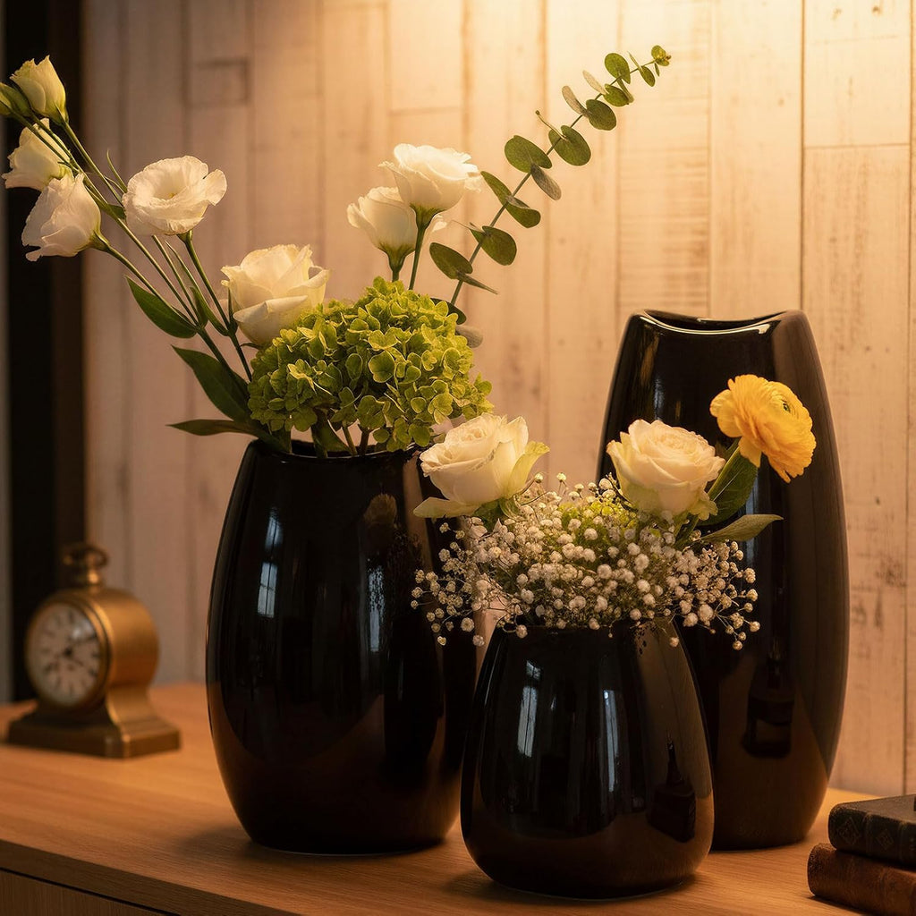 Ceramic Vase Set of 3 Black Flower Vase for Home Decor, Modern Decorative Vase for Flowers/Ideal Shelf Decor/Table/Living Room/Kitchen/Office-Black