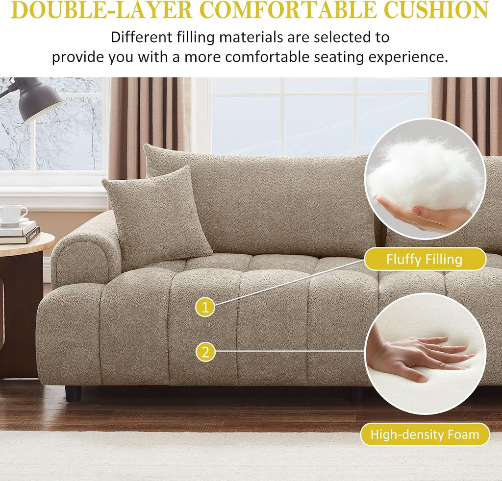 91" Boucle Tufted Sofa, 3 Seater Cloud Couch with Pillows, Camel | Upholstered Cloud Couches, Modern Deep Seat Sherpa Couch for Living Room, Bedroom, Apartment, Comfy Sofa with Back Pillows