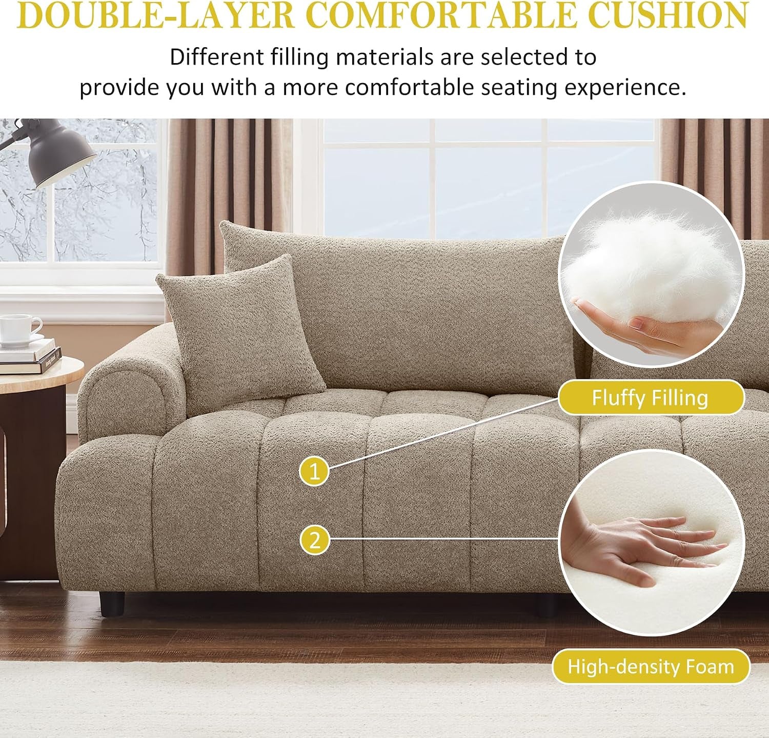 91" Boucle Tufted Sofa, 3 Seater Cloud Couch with Pillows, Camel | Upholstered Cloud Couches, Modern Deep Seat Sherpa Couch for Living Room, Bedroom, Apartment, Comfy Sofa with Back Pillows