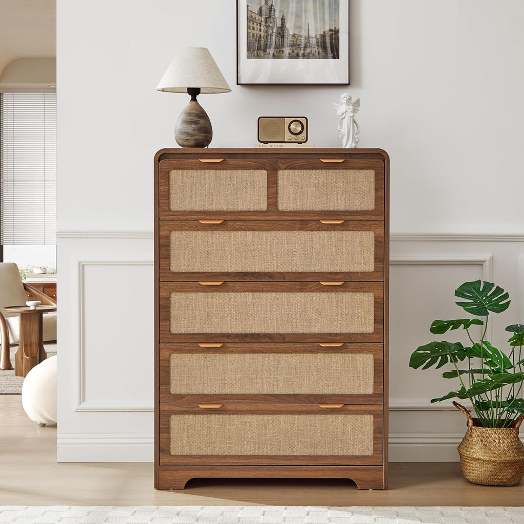 43" Tall 5 Drawer Dresser for Bedroom, Modern Wood Dresser, Walnut | Wooden Tall Dresser, Mid Century Modern Dresser with Natural Linen, Curved Wood Chest of Drawers for Living Room, Hallway