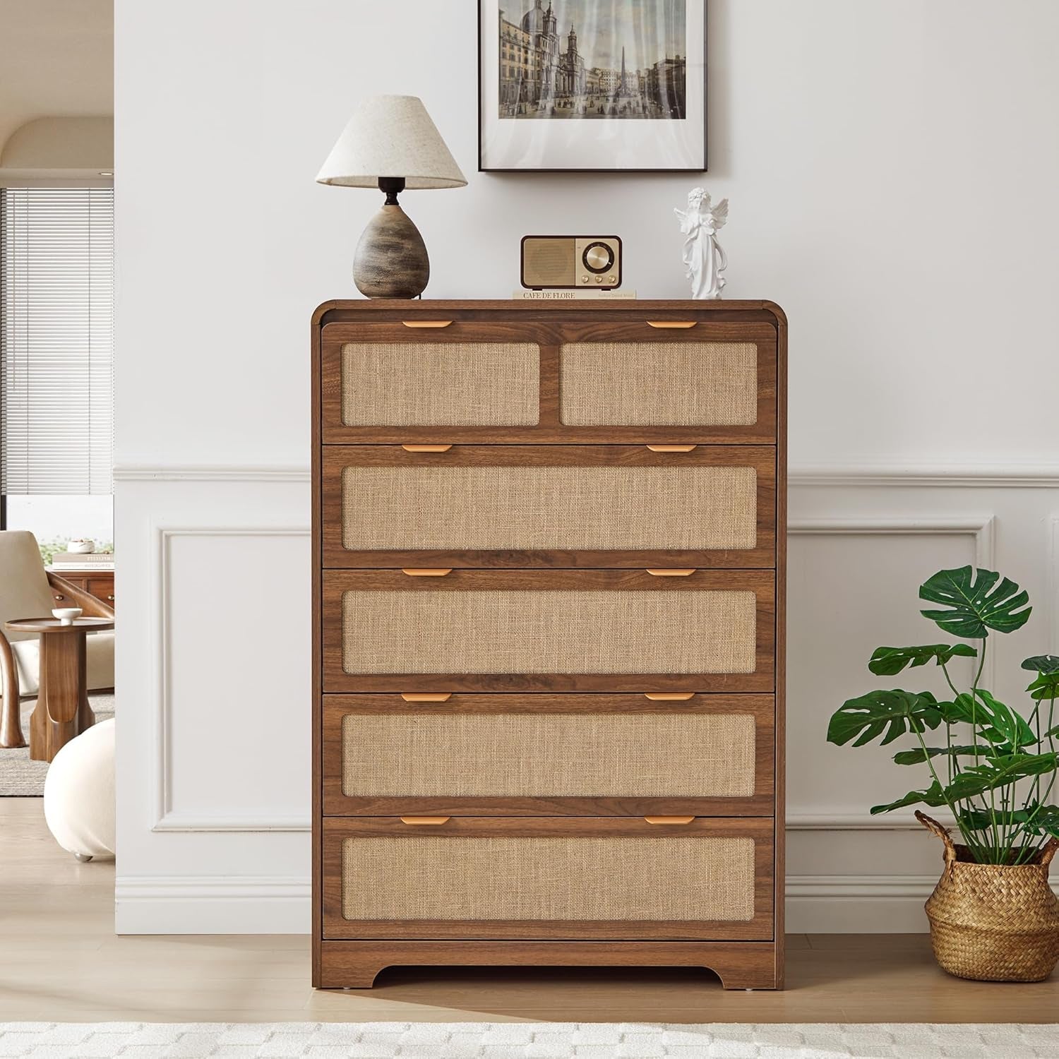43" Tall 5 Drawer Dresser for Bedroom, Modern Wood Dresser, Walnut | Wooden Tall Dresser, Mid Century Modern Dresser with Natural Linen, Curved Wood Chest of Drawers for Living Room, Hallway