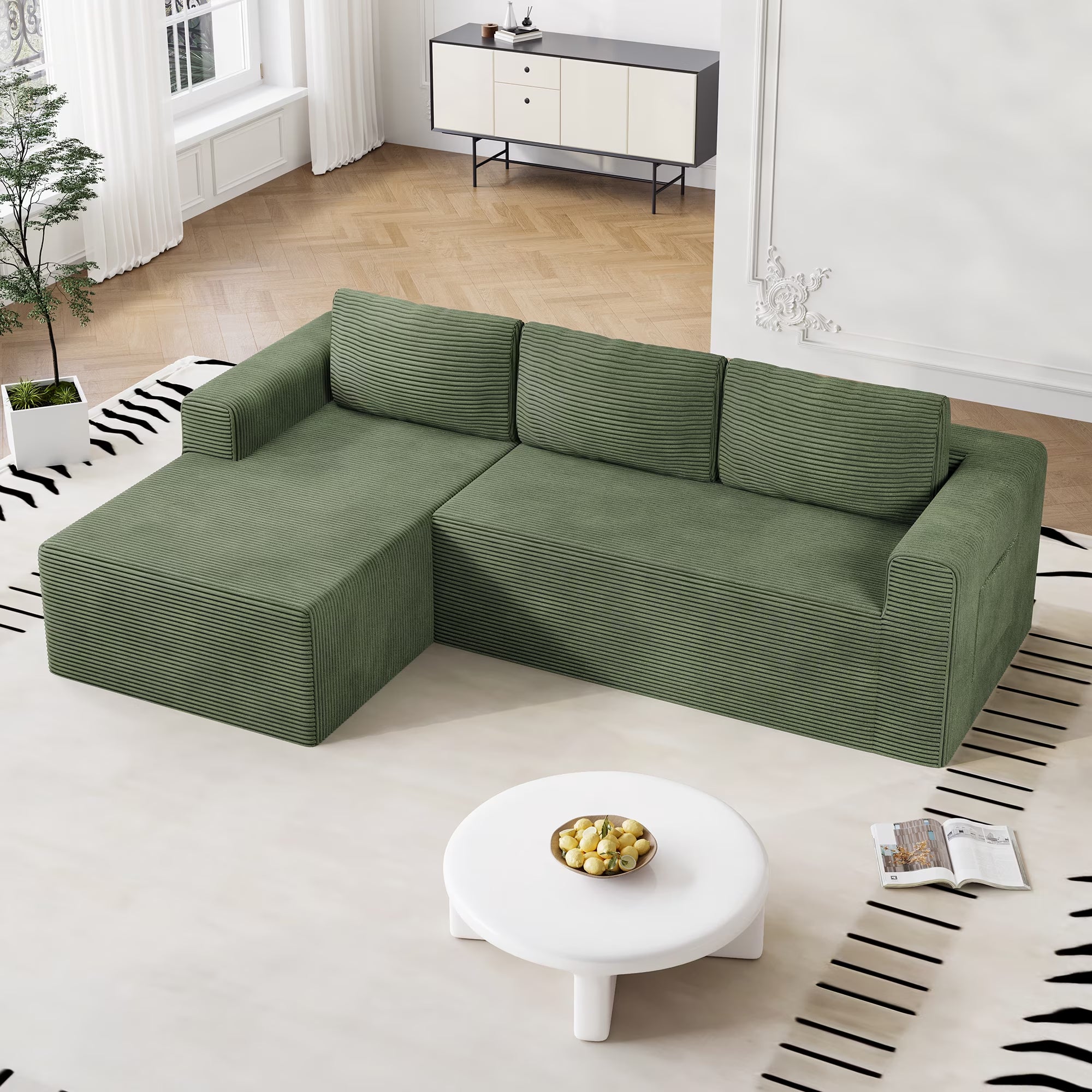 Modular Sectional Sofa Couches L-Shape Couch 3 Seat Modular Sofa Memory Foam Sectional Couches for Living Room, Cloud Couch with Oversized Chaise (Green Stripe, 94.5" Left Facing Chaise)