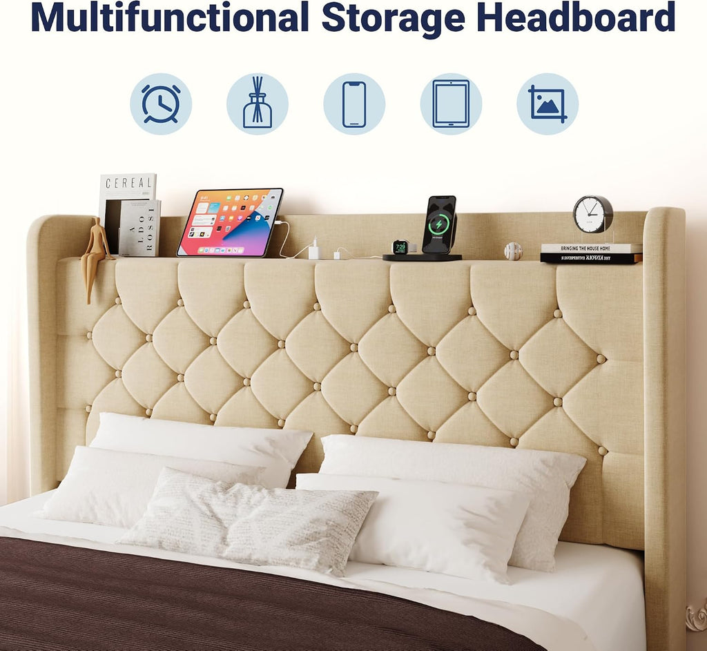 Queen Bed Frame, Storage Headboard & Charging Station, Beige | Velvet Upholstered Platform Bed with Button Tufted Wingback Headboard, No Box Spring Needed, Noise-Free, Easy Assembly