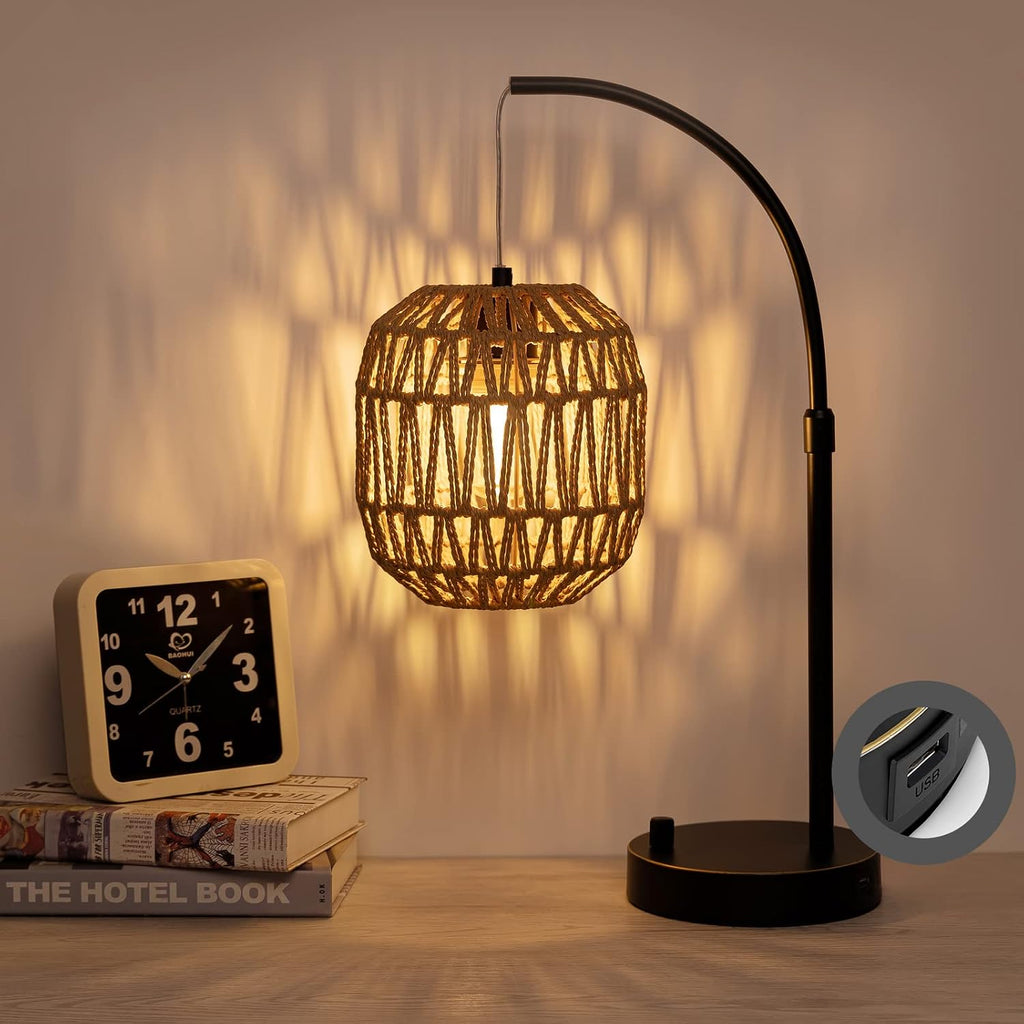 Handmade Woven Rattan Table Lamp with USB Port, Boho Bedside Lamp for Bedroom, Office & Nightstand, Full Metal Base with Two-Color Hand-Woven Rattan Shade