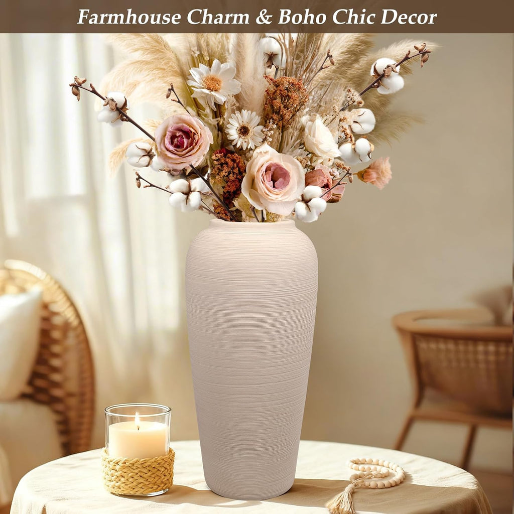 Tall Ceramic Vase 12 Inch Neutral Textured Vase,Cream Vase for Home Decor | Farmhouse Tall Ceramic Flower Vase for Dining Table,Living Room,Kitchen,Bedroom,Entryway,Christmas Gift
