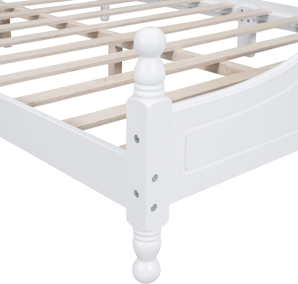 Modern Farmhouse Wood Platform Bed with Headboard, Queen Bed Frame with Wood Slat Support White