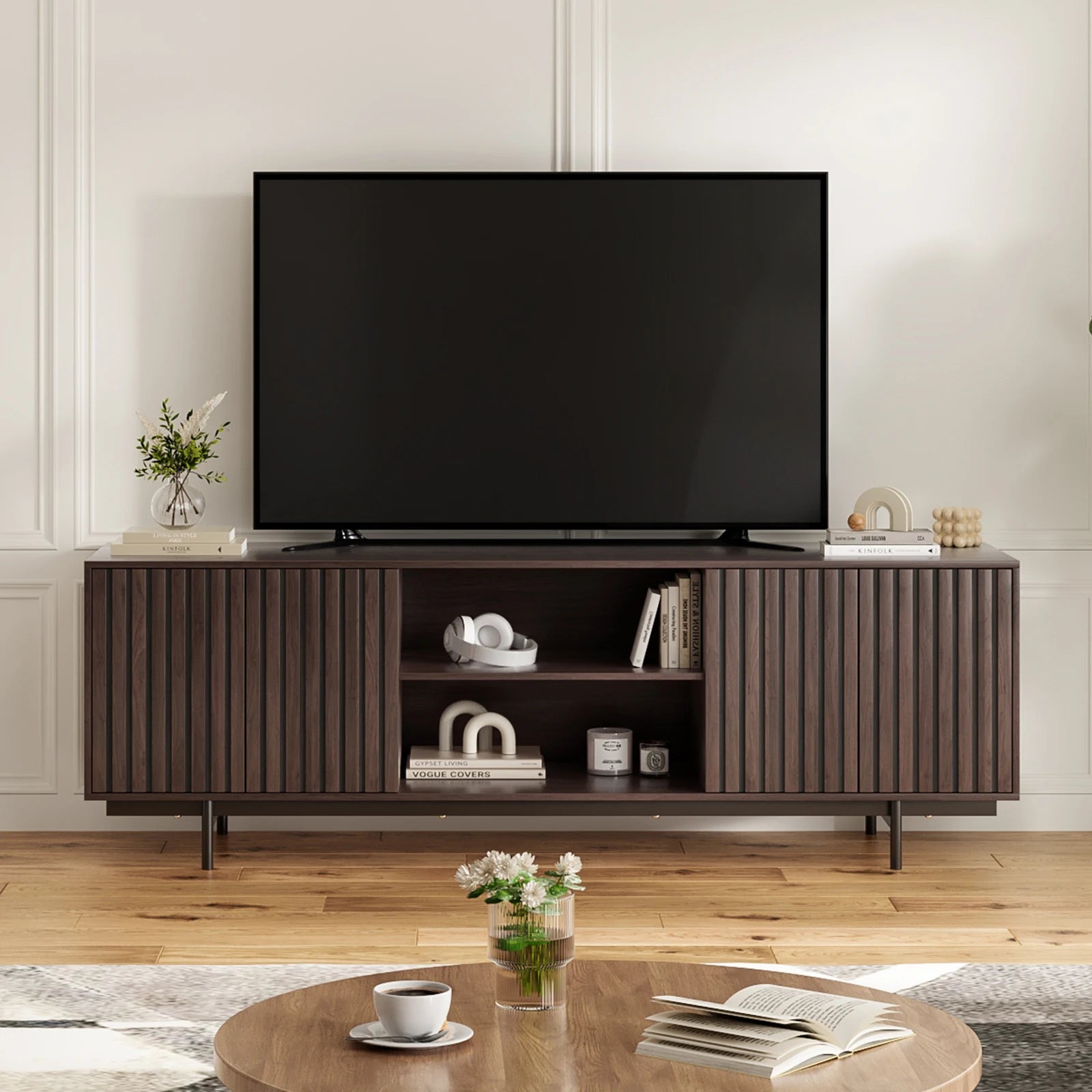Wood TV Stand for Tvs up to 75", Modern Entertainment Center with Storage & Open Shelf, for Living Room, Bedroom
