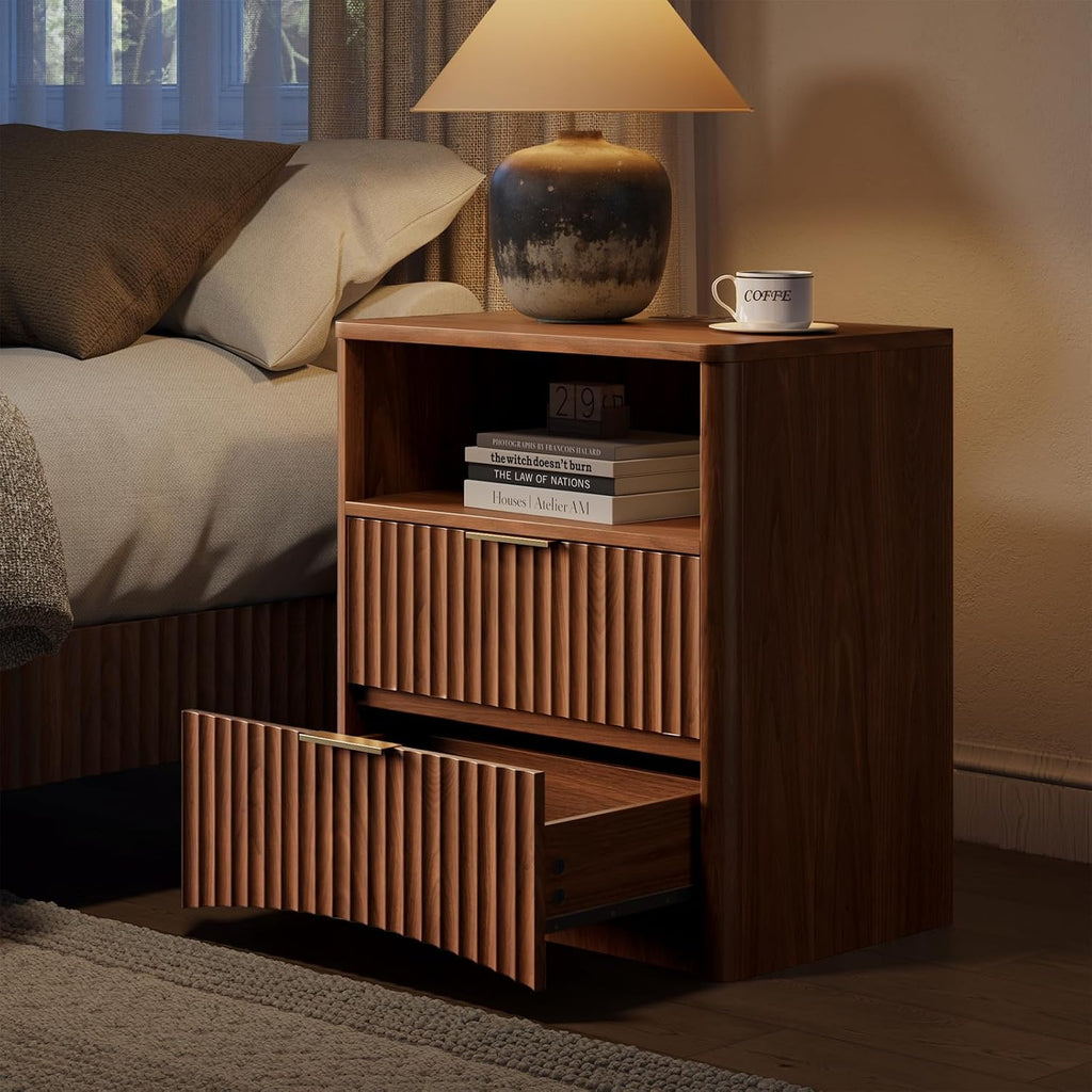 Fluted Nightstand with Charging Station and 2 Drawers, Walnut | Mid Century Modern End Table with Drawer and Storage, Large Wood Night Stand for Bedroom, Living Room, Apartment