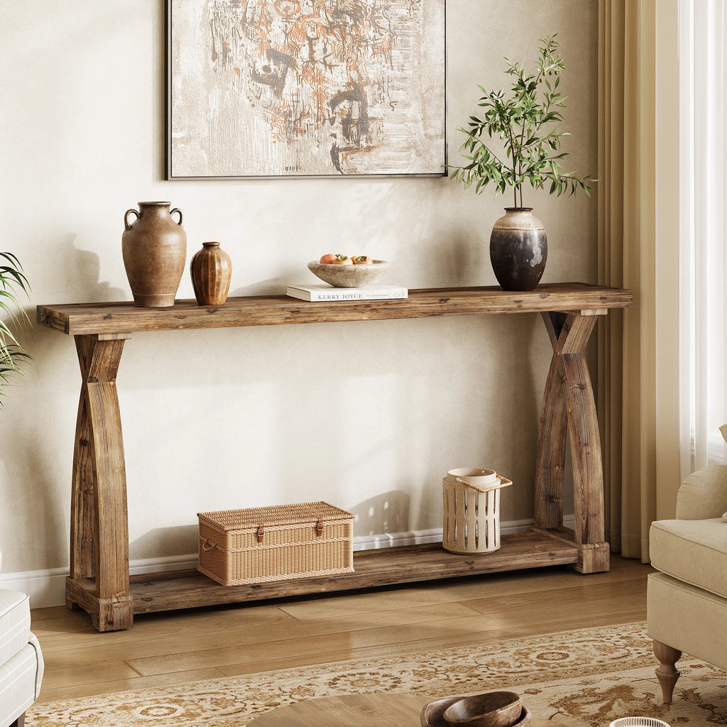Solid Wood Console Table for Entryway, 63-Inch Narrow Farmhouse Couch Table behind Sofa with 2-Tier Storage for Entrance, Foyer, Living Room, Long, Rustic Brown