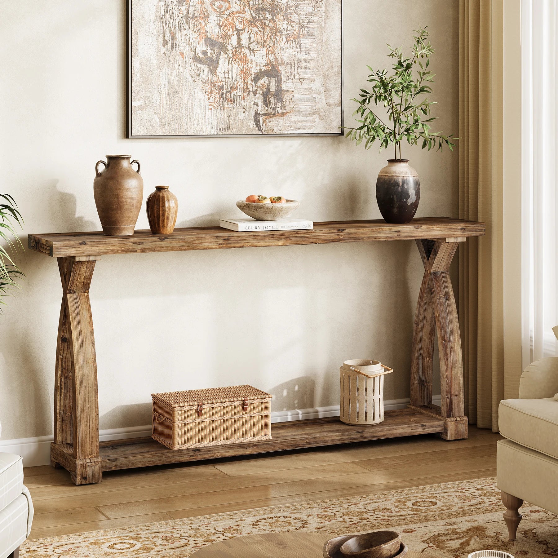 Solid Wood Console Table for Entryway, 63-Inch Narrow Farmhouse Couch Table behind Sofa with 2-Tier Storage for Entrance, Foyer, Living Room, Long, Rustic Brown