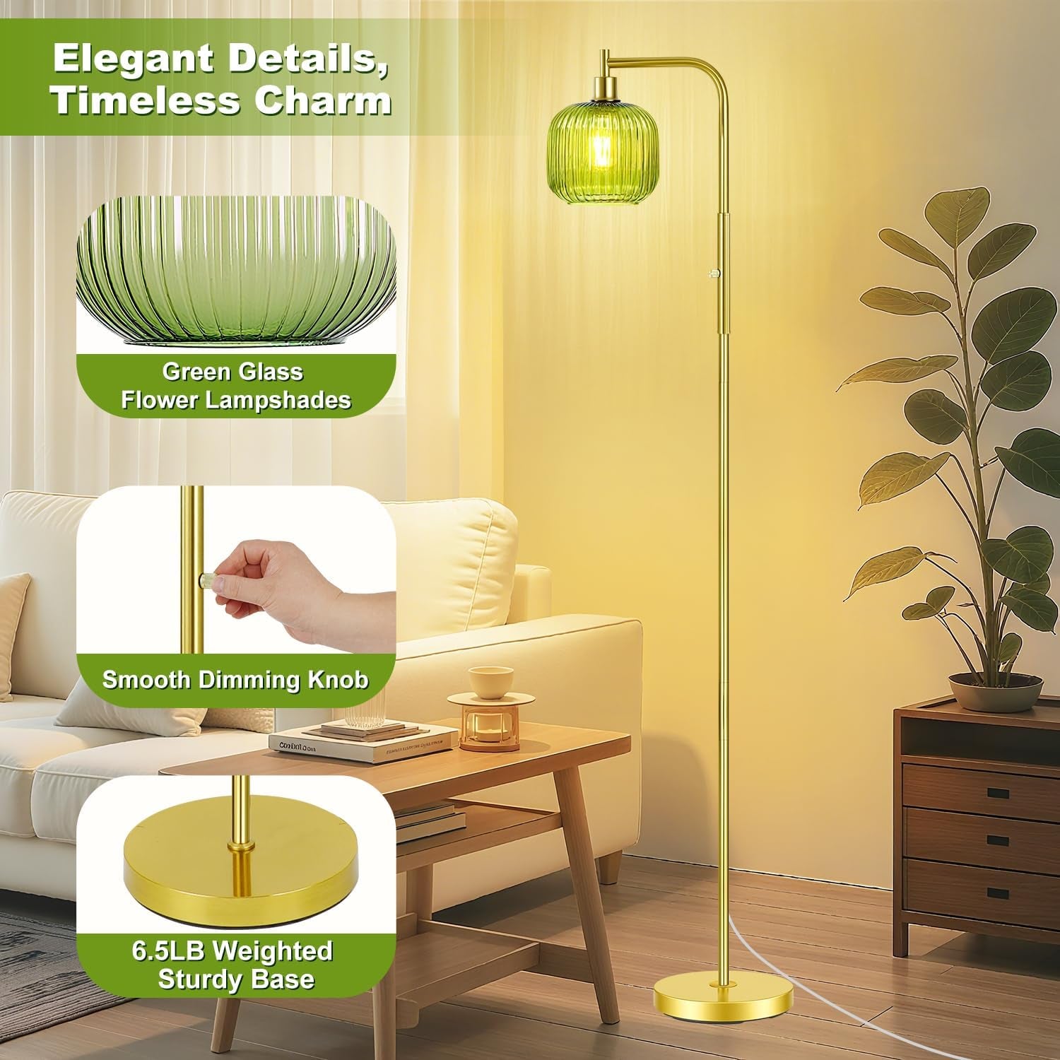 Dimmable Gold Floor Lamp with Ribbed Shade, Vintage Green Standing Lamp Dimmable with Solid Base, Arc Floor Lamps Glass for Living Room, Bedroom, Office, Decorative Tall Corner Lamps Gift Use