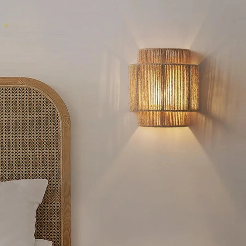 Retro Rattan Weaving Wall Lamp Shade LED E27 Chinese Design Hemp Rope Wall Sconces for Home Living Room Decor Lighting Fixtures