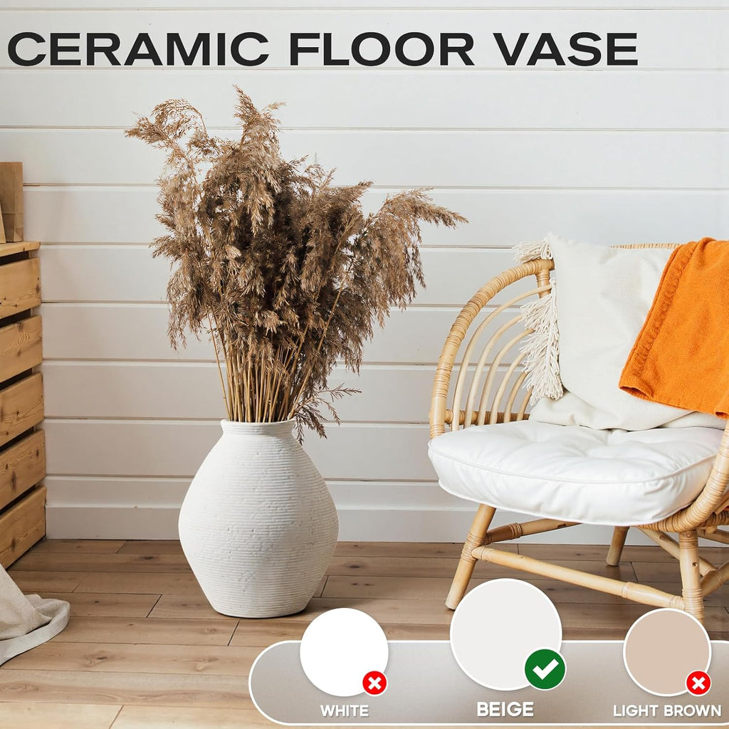 Ceramic Large Rustic round Vase-11.8" Beige Pottery Textured White Ceramic Vase-Big Terracotta Vase Large Vases for Decor Living Room, Farmhouse Decor, Bedroom, Bathroom-(Off-White)