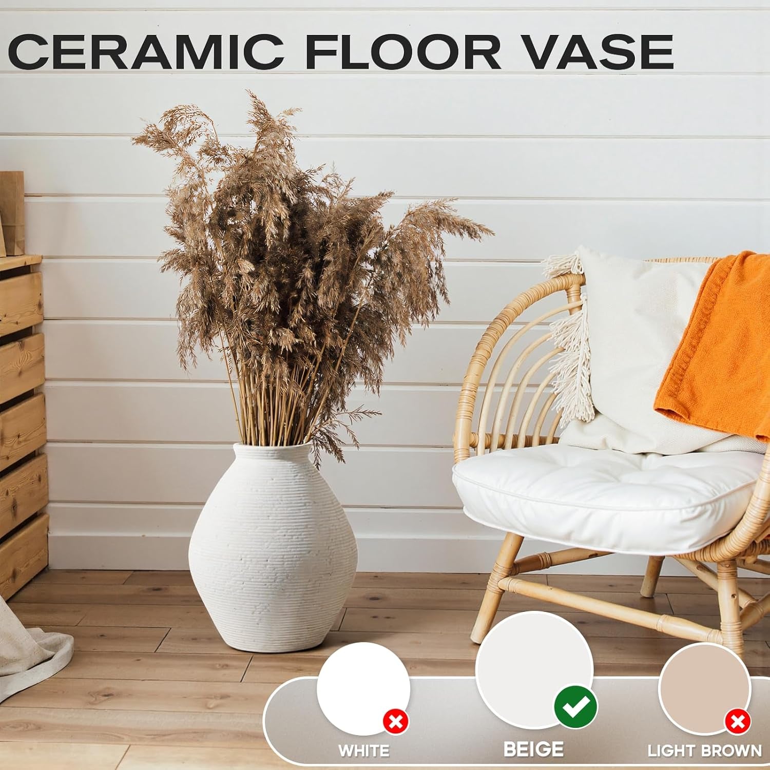 Ceramic Large Rustic round Vase-11.8" Beige Pottery Textured White Ceramic Vase-Big Terracotta Vase Large Vases for Decor Living Room, Farmhouse Decor, Bedroom, Bathroom-(Off-White)