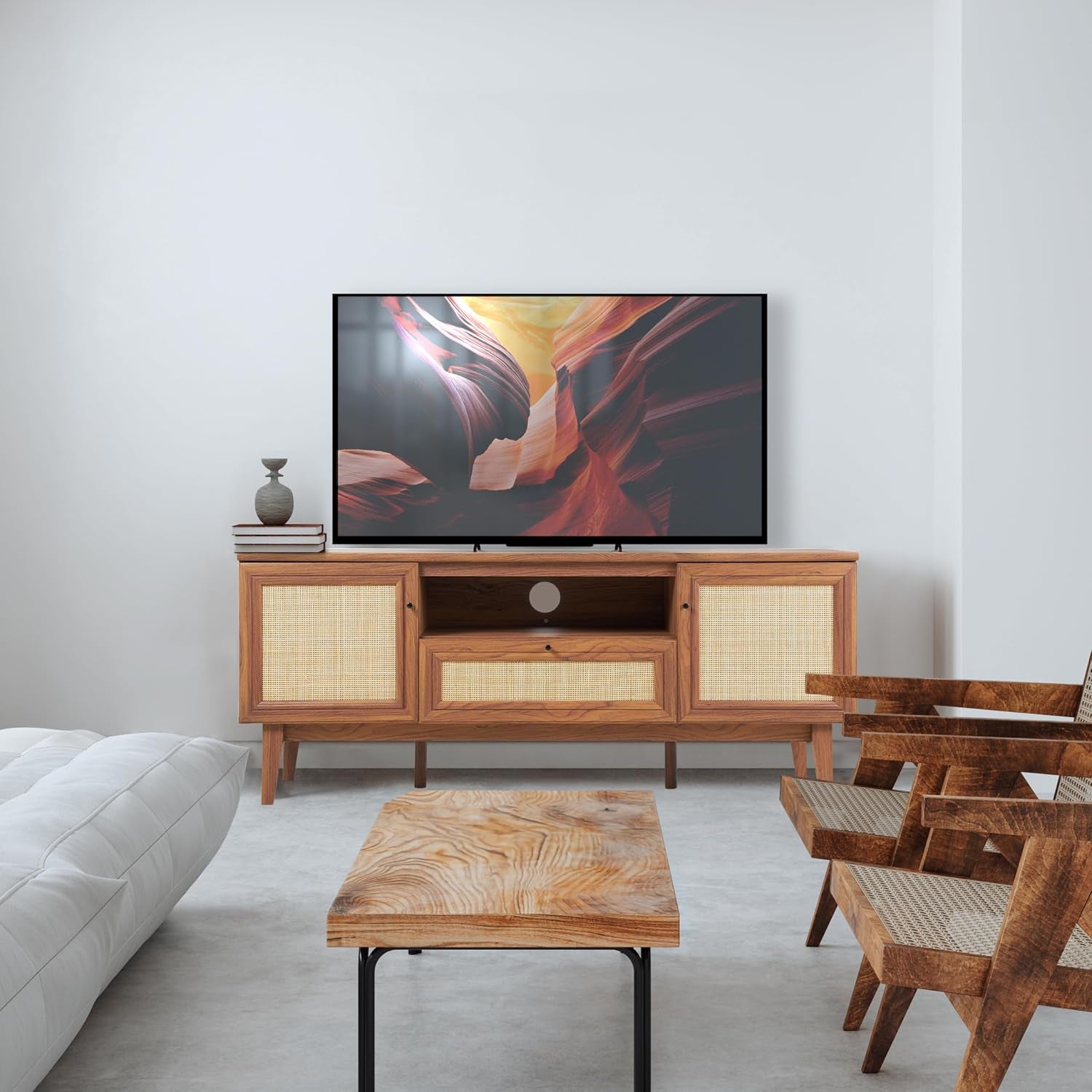 Walnut woven cane media console