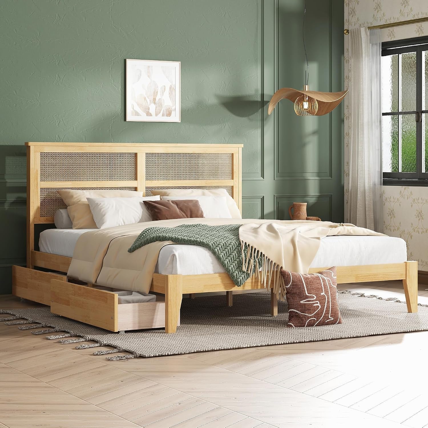 White oak rattan king bed frame