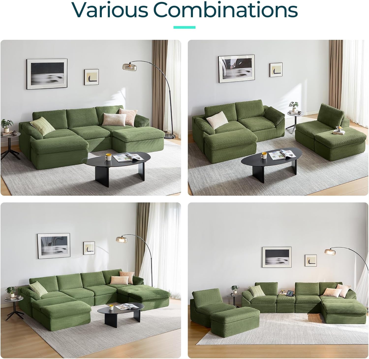 109" Modular Couch Modern Boneless Cloud Couch, U Shaped Sofa with Movable Ottomans, Deep Seat Corduroy Sectional Couches for Living Room, Apartment, No Assembly Required, Green