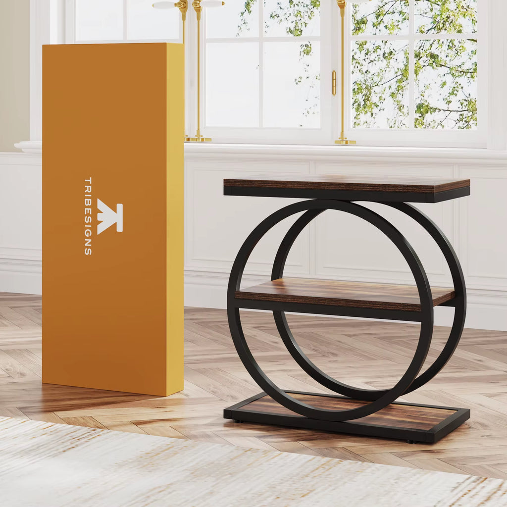 End Table, Narrow End Table with 3 Storage Shelves, Wooden Side Table, Industrial Small Sofa Side Table