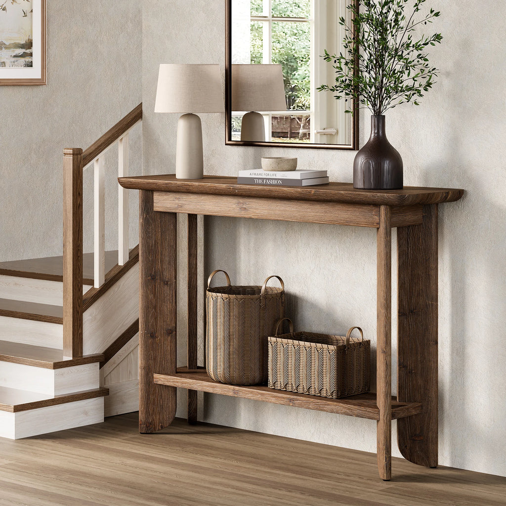 41.3 Inches Sofa Table, Solid Wood 2-Tier Console Table for Living Room, Modern Sofa Table behind Couch, Hallway Foyer Table, Walnut
