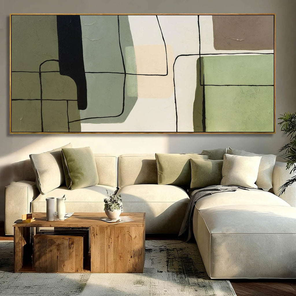 Green and beige abstract framed canvas wall art