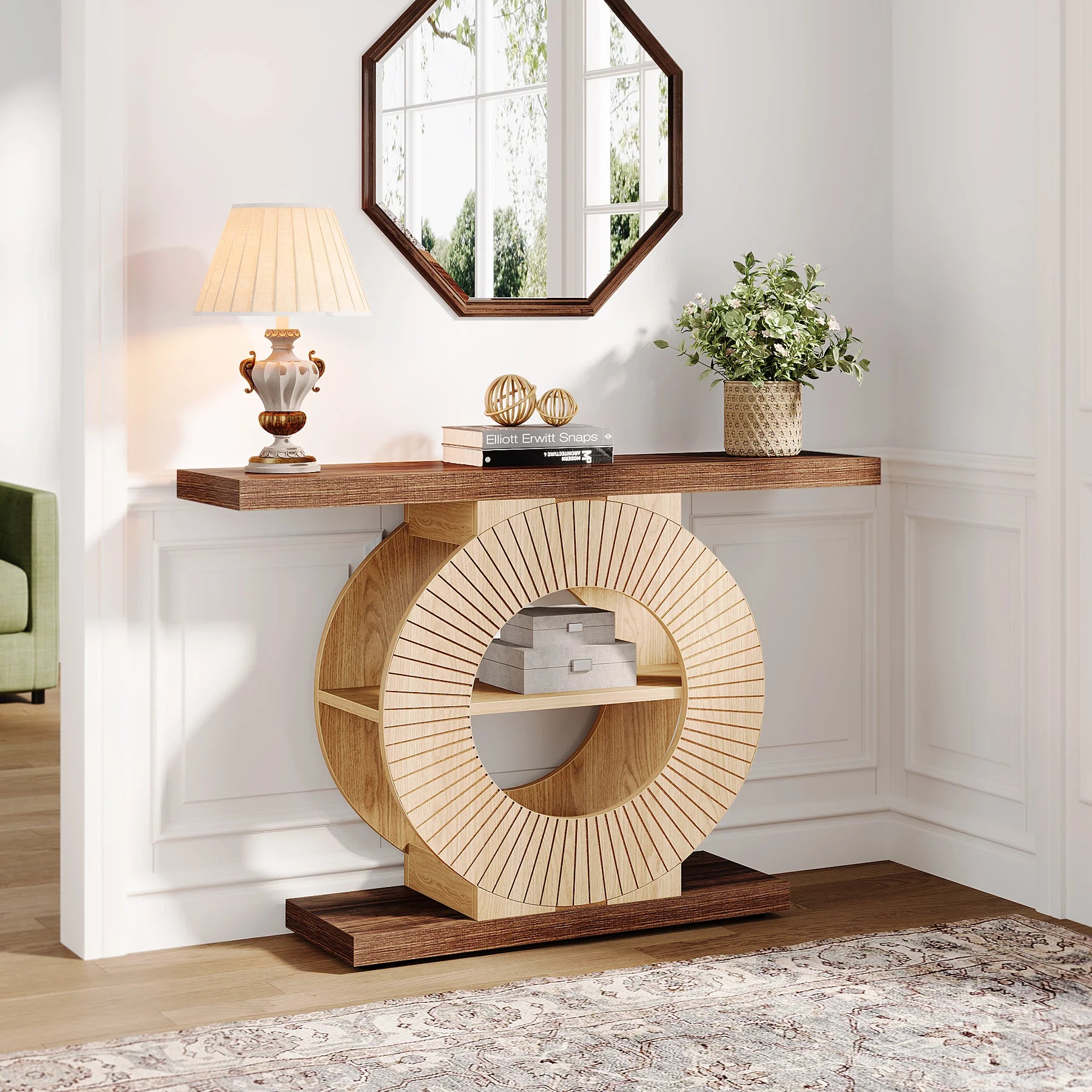 Console Table with Storage, Entryway Sofa Table with Shelves and Circle Base for Living Room Hallway