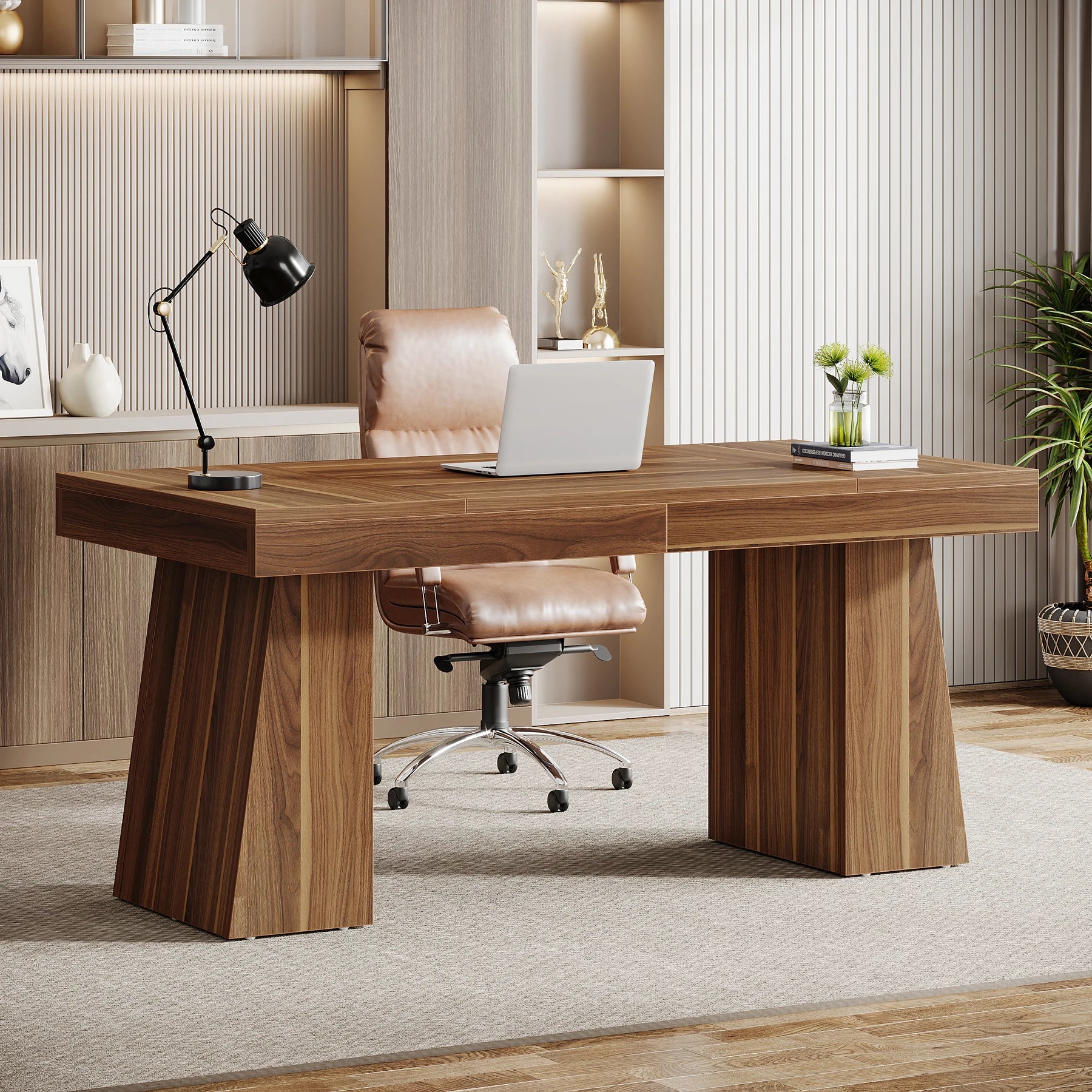 55-Inch Executive Desk, Large Wood Office Computer Desk with Double Pedestal, Modern Minimalist Workstations