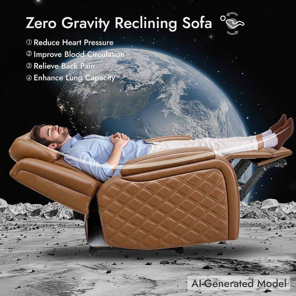 Zero Gravity Power Reclining Sofa with Console, Saddle | Genuine Leather Recliner Sofa, 3-Seater Couch, Flip-Middle Table, Storage Console, Power Headrests, Cup Holders, Living Room