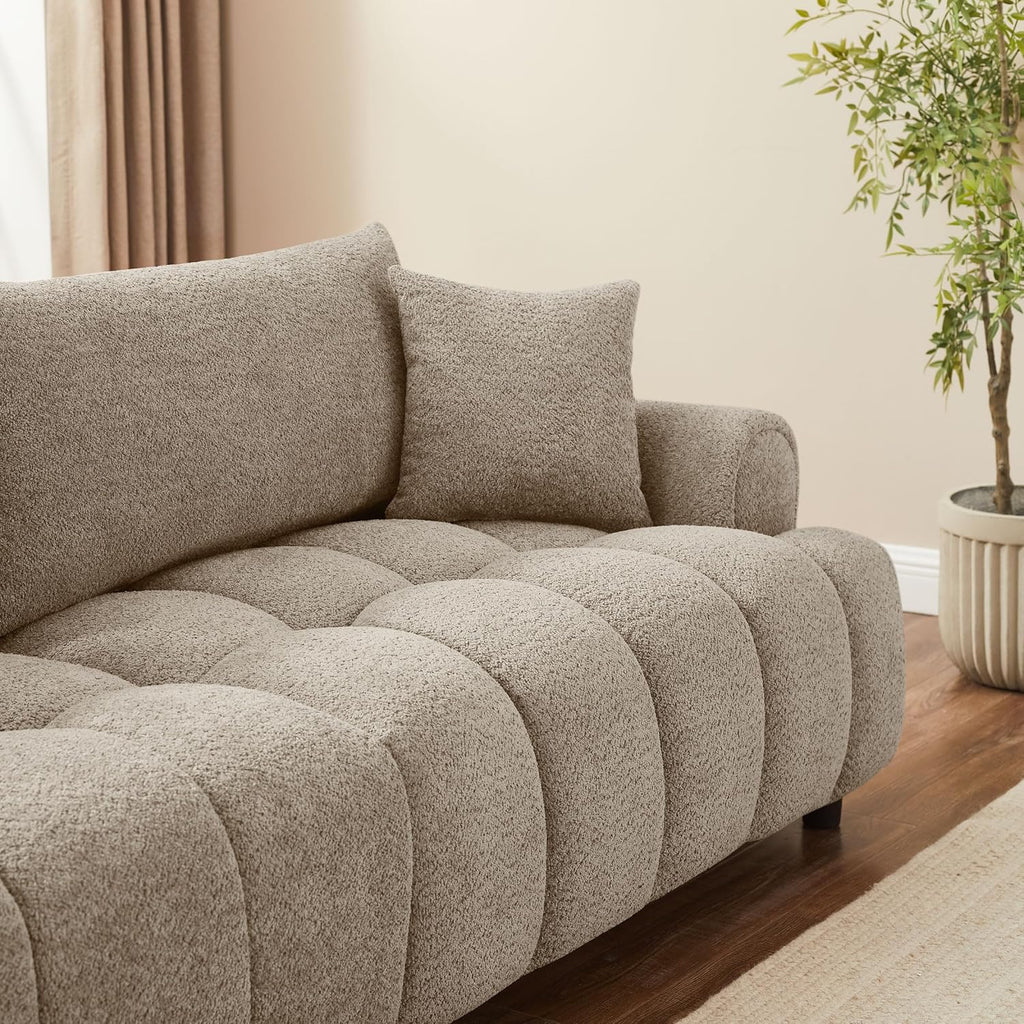 91" Boucle Tufted Sofa, 3 Seater Cloud Couch with Pillows, Camel | Upholstered Cloud Couches, Modern Deep Seat Sherpa Couch for Living Room, Bedroom, Apartment, Comfy Sofa with Back Pillows