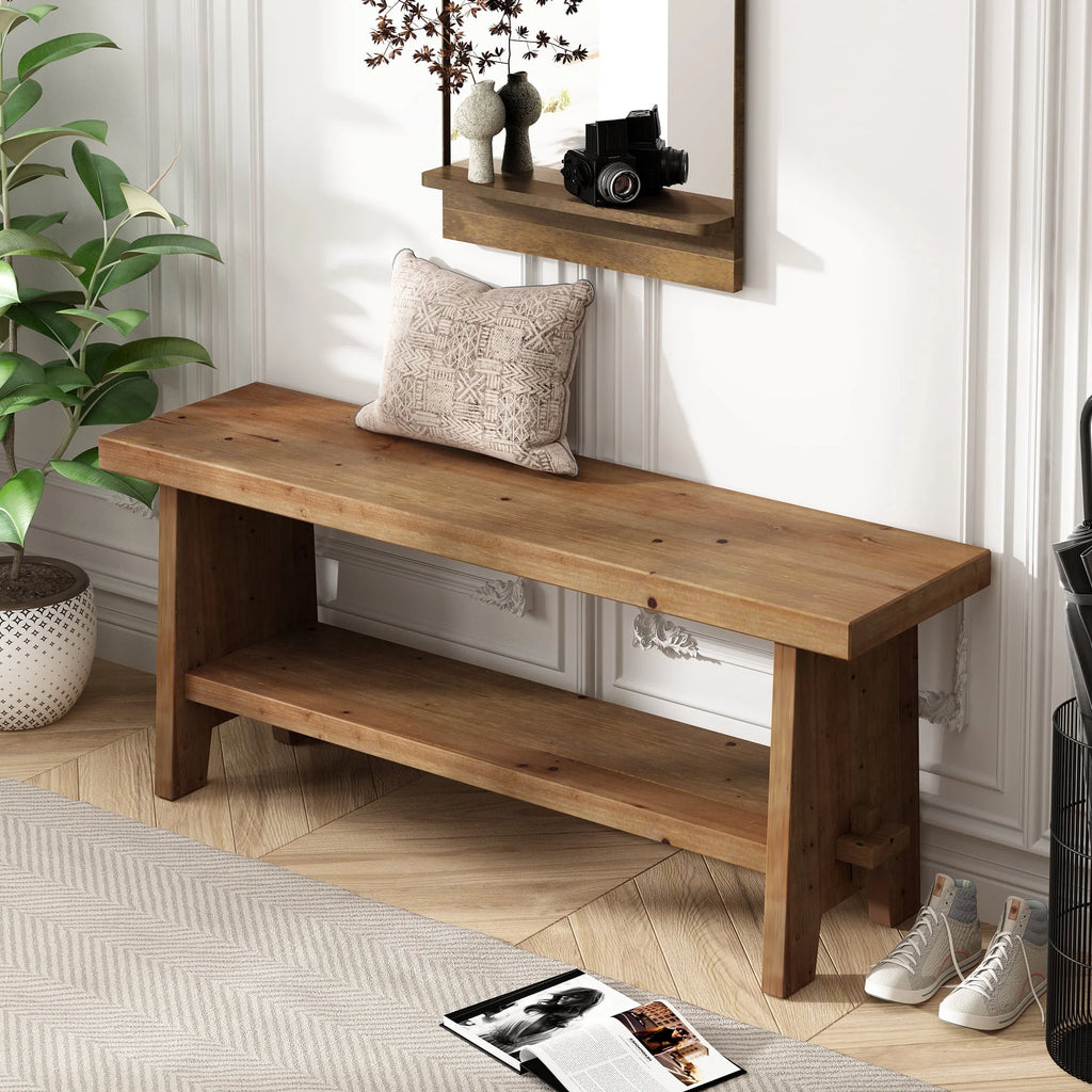 31.5'' Farmhouse Solid Wood Entryway Bench, Small Shoe Bench with Shelf for Indoor Bedroom