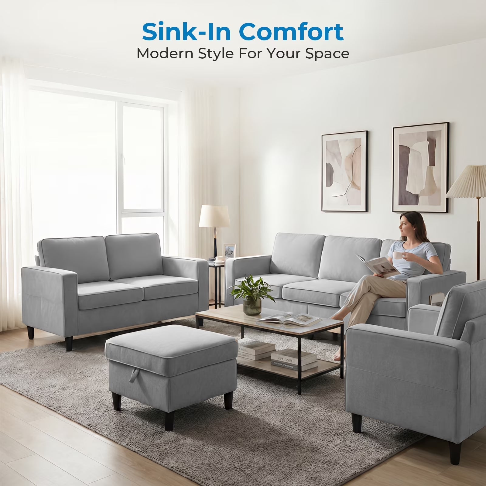 3 Piece Living Room Furniture Sets,L Shaped Sectional Sofa Set with Storage Ottoman,Modern Linen Fabric Couch for Apartment,Light Gray