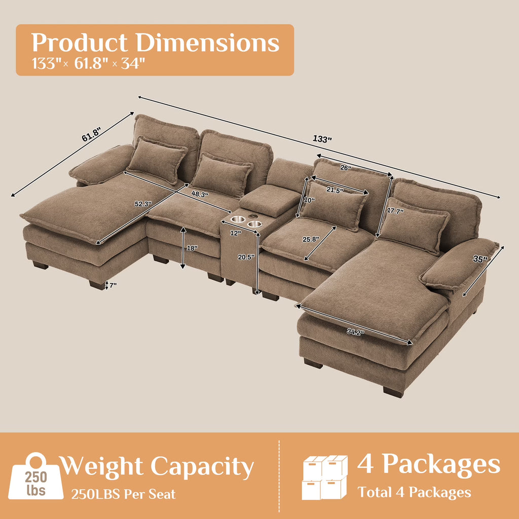 133" U Shaped Cloud Couch Modular Sectional Couches for Living Room Fluffy Chenille Deep Seat Sofa Set with Double Chaise Lounge, Storage Central Console, Cup Holders, USB Port, Light Brown