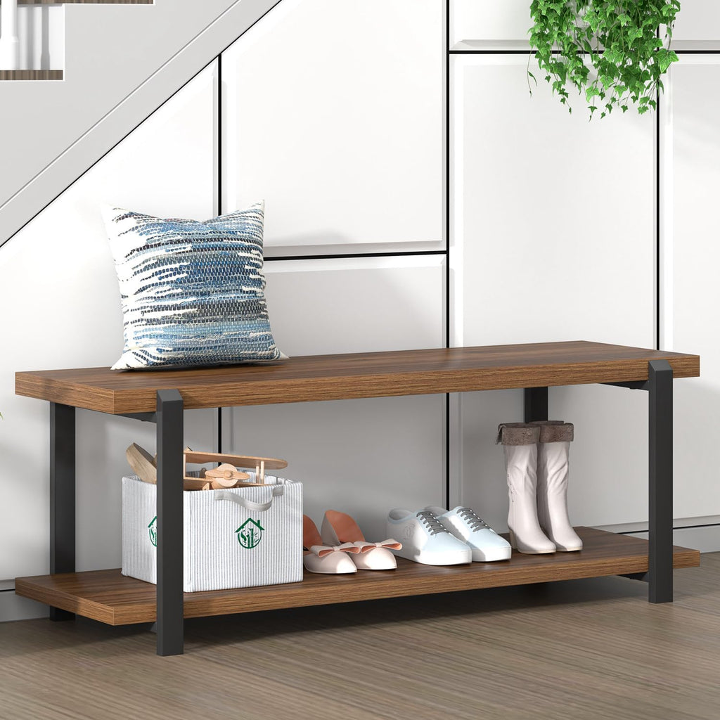 Entryway Bench with Shoe Storage, Modern End of Bed Bench, Wood and Metal Entry Bench for Hallway Front Door Entrance, Industrial Indoor Bench for Bedroom Living Room, Rustic Walnut, 47 Inch