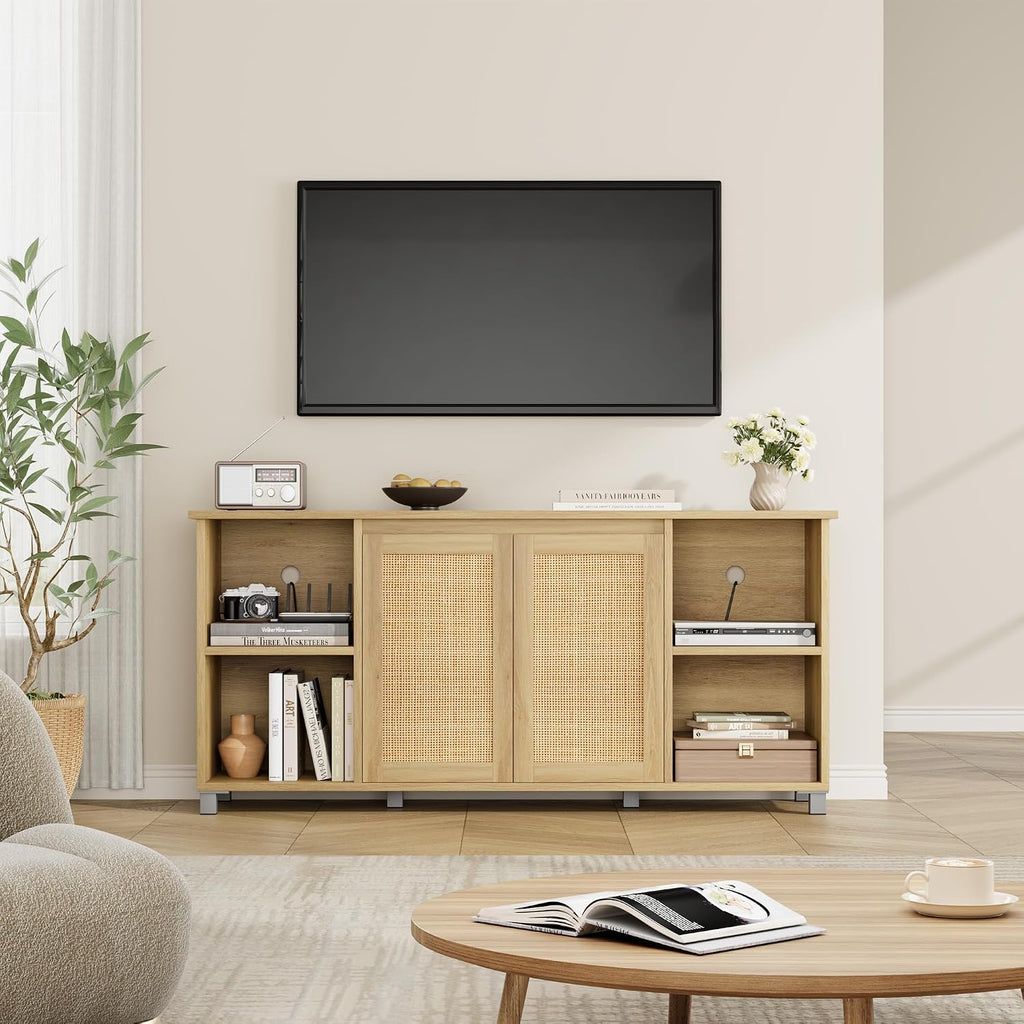 Rattan TV Stand for 65" Tvs, Natural Oak Media Console | Storage Cabinet & Adjustable Shelves, Boho Media Console, Natural Oak Finish, Rattan Doors, Living Room Bedroom