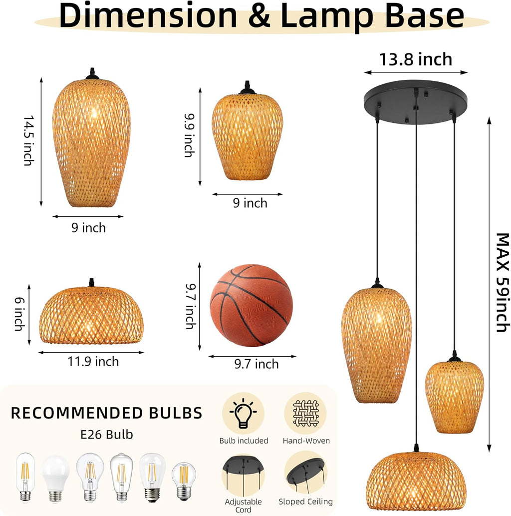 3-Light Rattan Pendant Light Rattan Chandelier Light Fixture Boho Chandelier Light Fixture Hand-Woven Bamboo Chandeliers 3-Light Bamboo Pendant Light for Living Room Dining Room (Bulb Incl.)