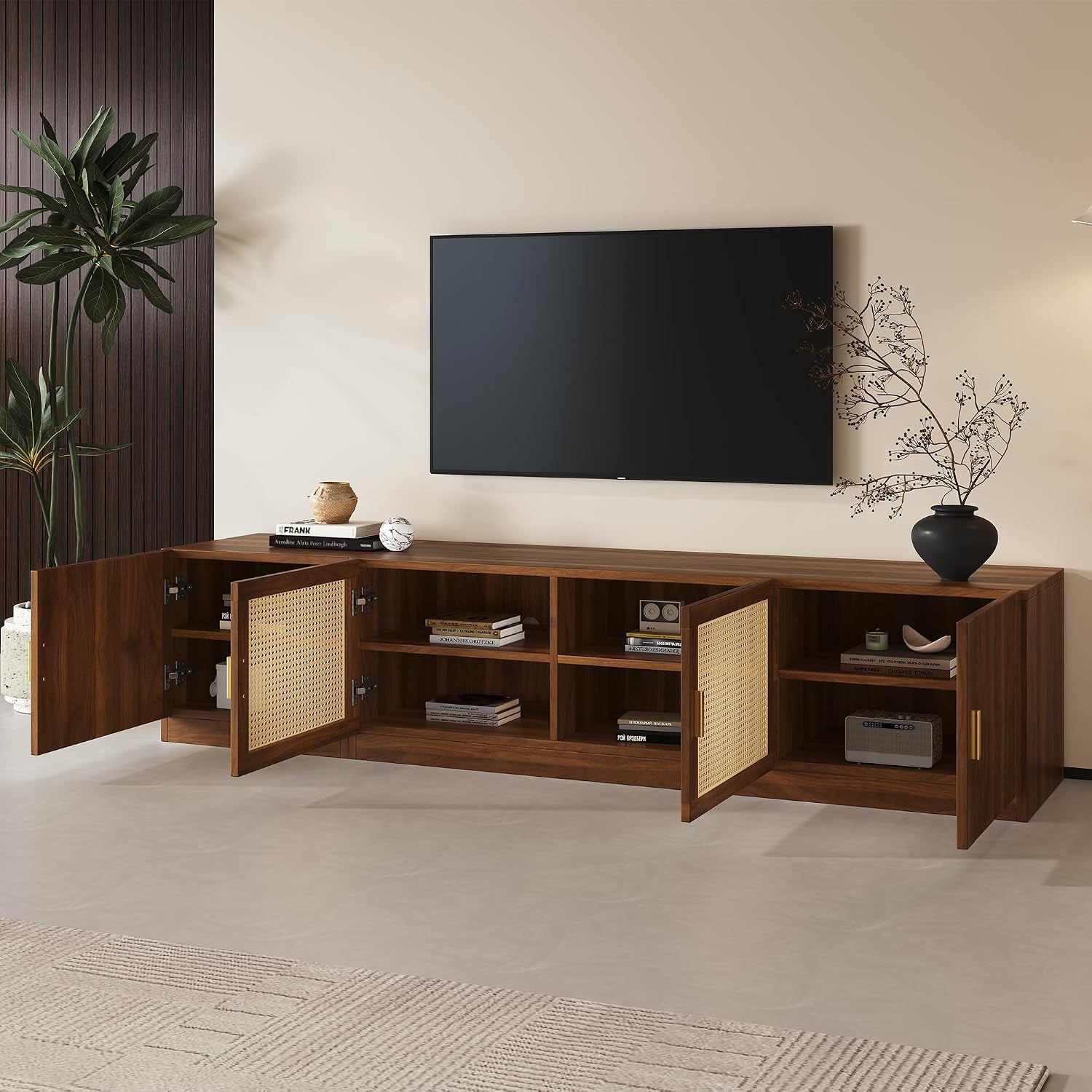 Walnut fluted rattan media console