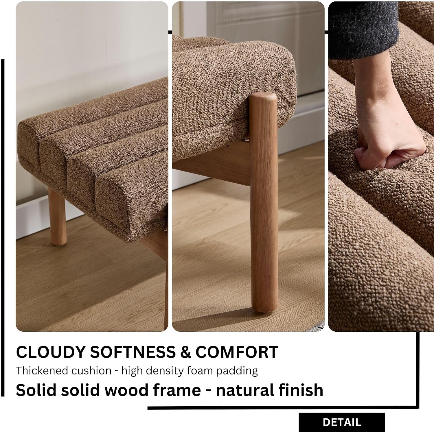 47" Upholstered Entryway Bedroom Bench End of Bed, Modern Brown Chenille Tufted Bedroom Indoor Bench with Wood Natural Finish, Entry Ottoman Bench for Hallway Window Dining Living Room