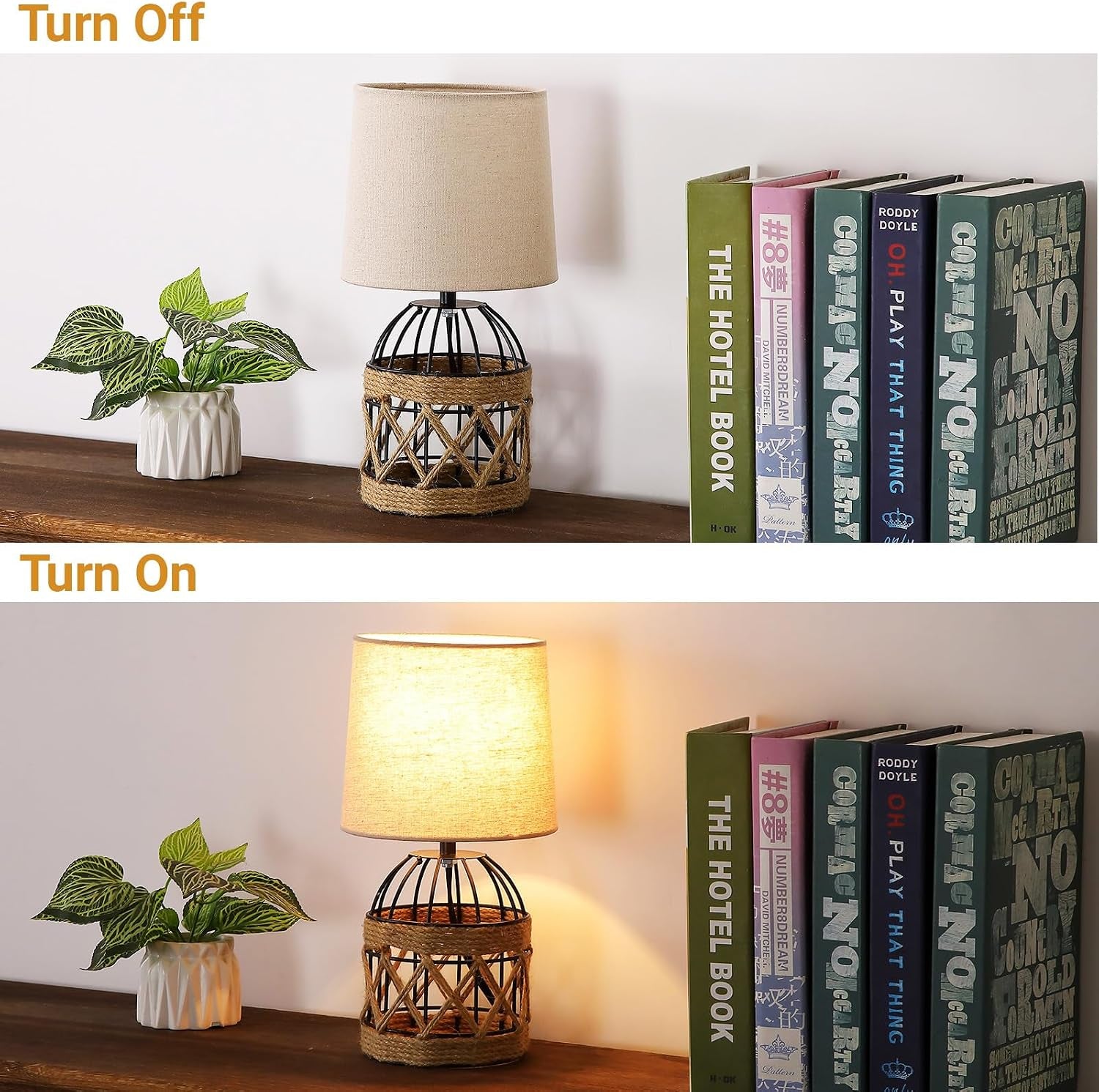 2 Pack Boho Rattan Table Lamps for Bedroom,Small Bedside Nightstand Lamp with Metal Cage Base Linen Shade,Farmhouse Coastal Rustic Living Room Bedroom Decor