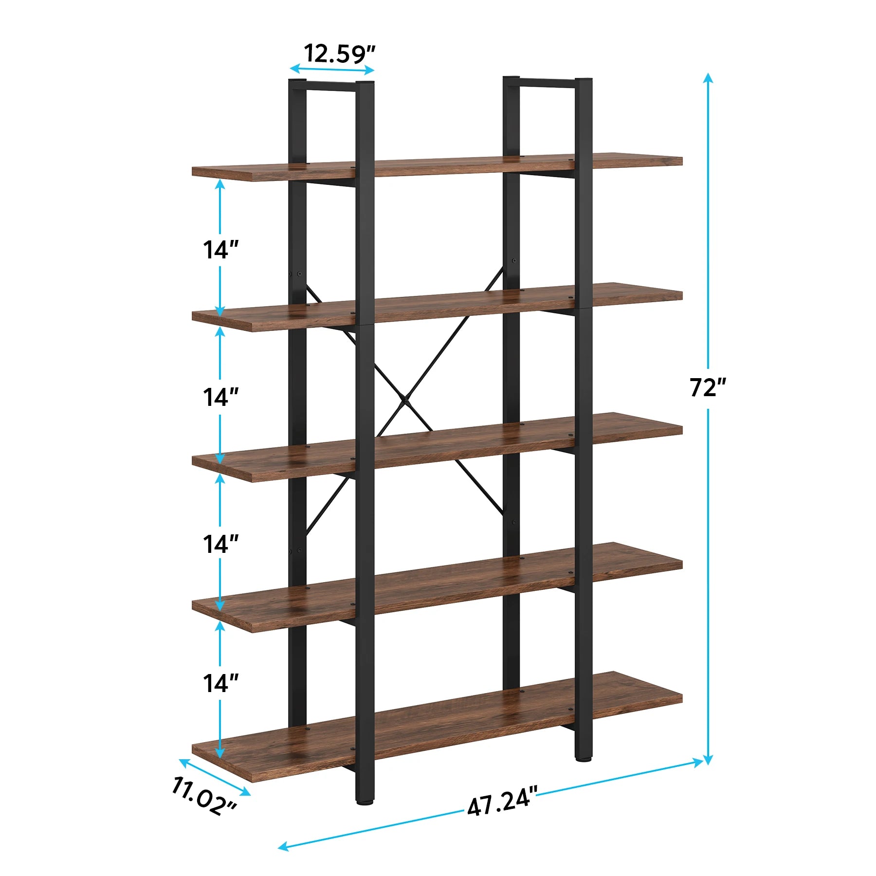 5-Tier Bookshelf, Vintage Industrial Style Bookcase 72 H X 12 W X 47L Inches