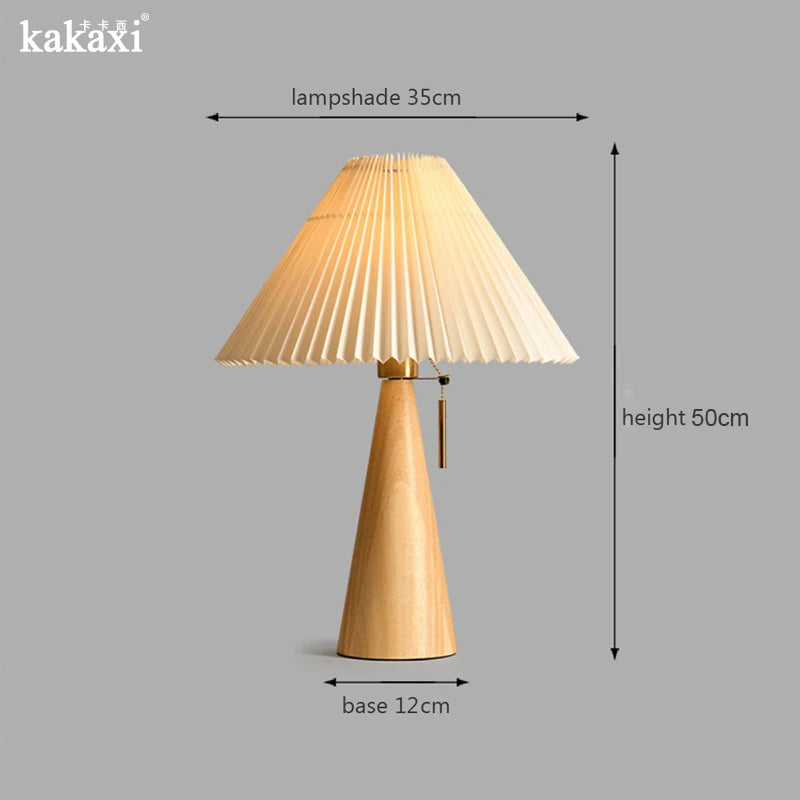 Retro Solid Wood Table Lamp Nordic Vintage Pleated Bedroom Bedside Desk Reading Decorative Wooden Desk Lamp E27 Socket