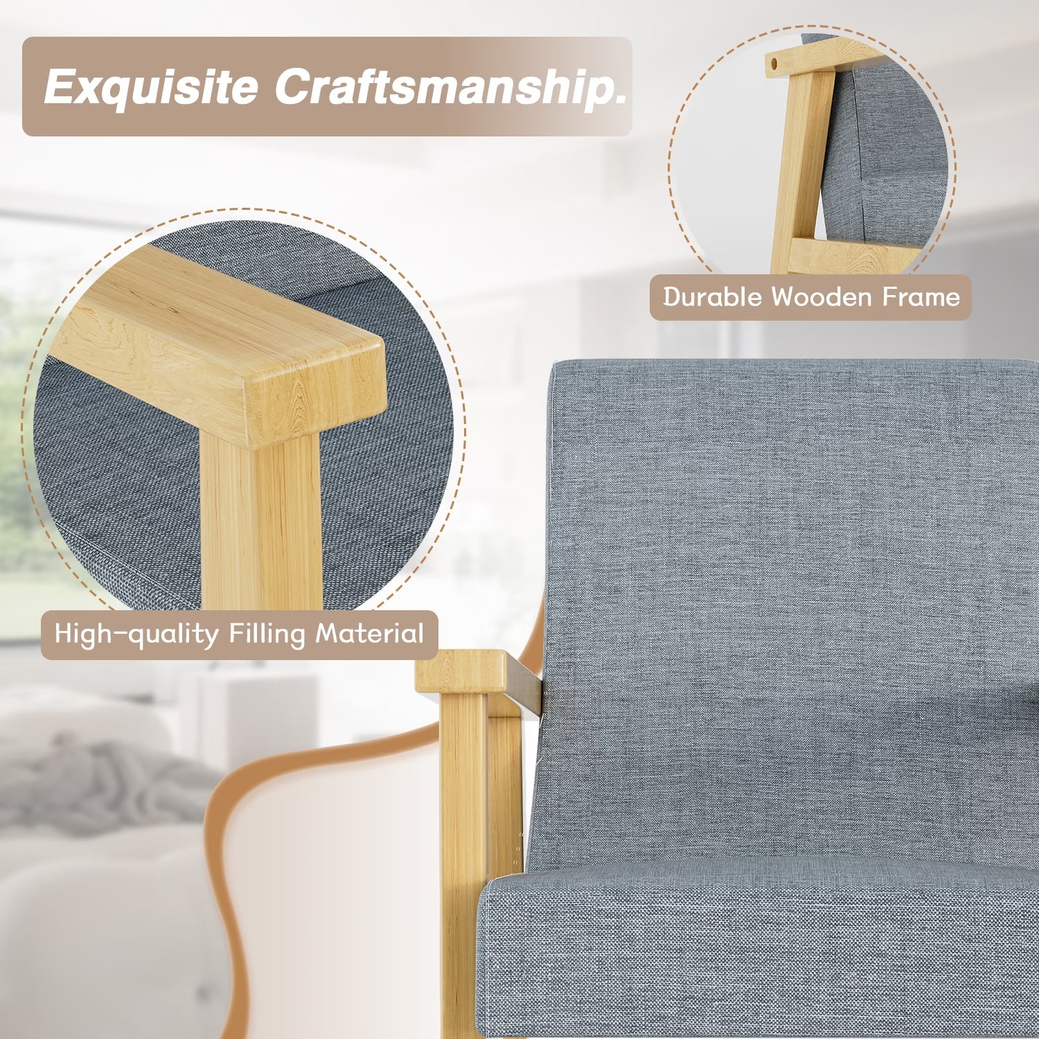 Modern Arm Chair Linen Fabric Upholstered Accent Chair with Solid Wood Frame Gray