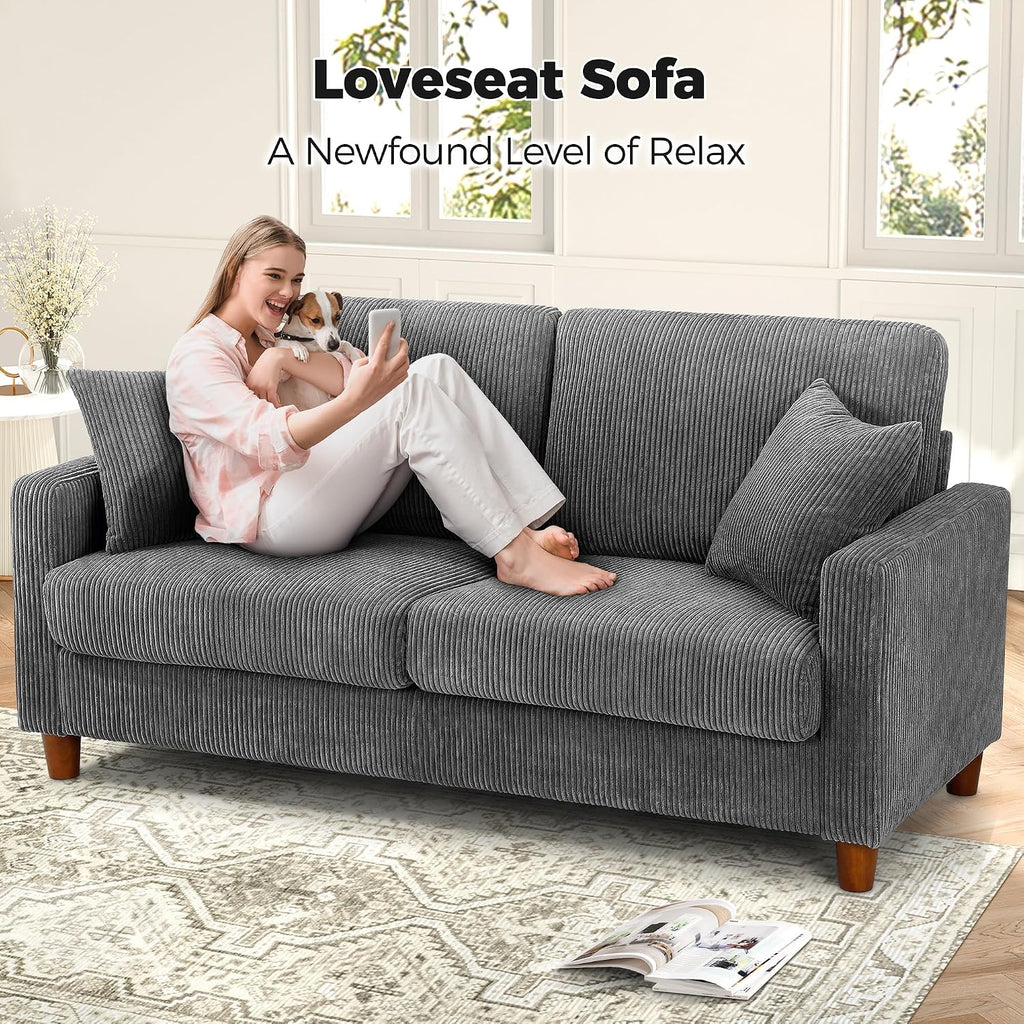 70In Corduroy Couch, Small Loveseat Sofa, Grey Corduroy Couch | No Tool Assembly, Comfy Couches for Living Room, Small Loveseat Sofa, 21In Deeper Seat, Sofas for Living Room & 2 Pillows
