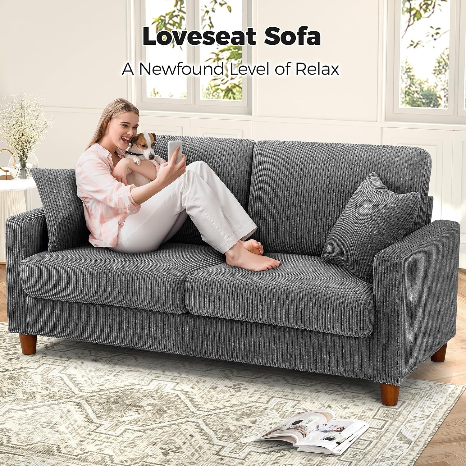 70In Corduroy Couch, Small Loveseat Sofa, Grey Corduroy Couch | No Tool Assembly, Comfy Couches for Living Room, Small Loveseat Sofa, 21In Deeper Seat, Sofas for Living Room & 2 Pillows