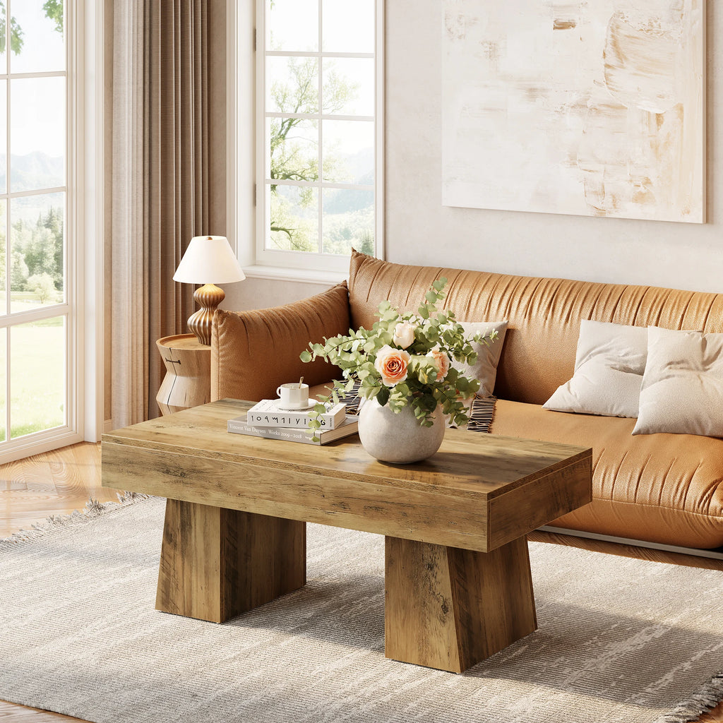Vintage Coffee Table, 120Cm Wooden Accent Center Tables with Thick Base, Modern Low Cocktail Tea Furniture For
