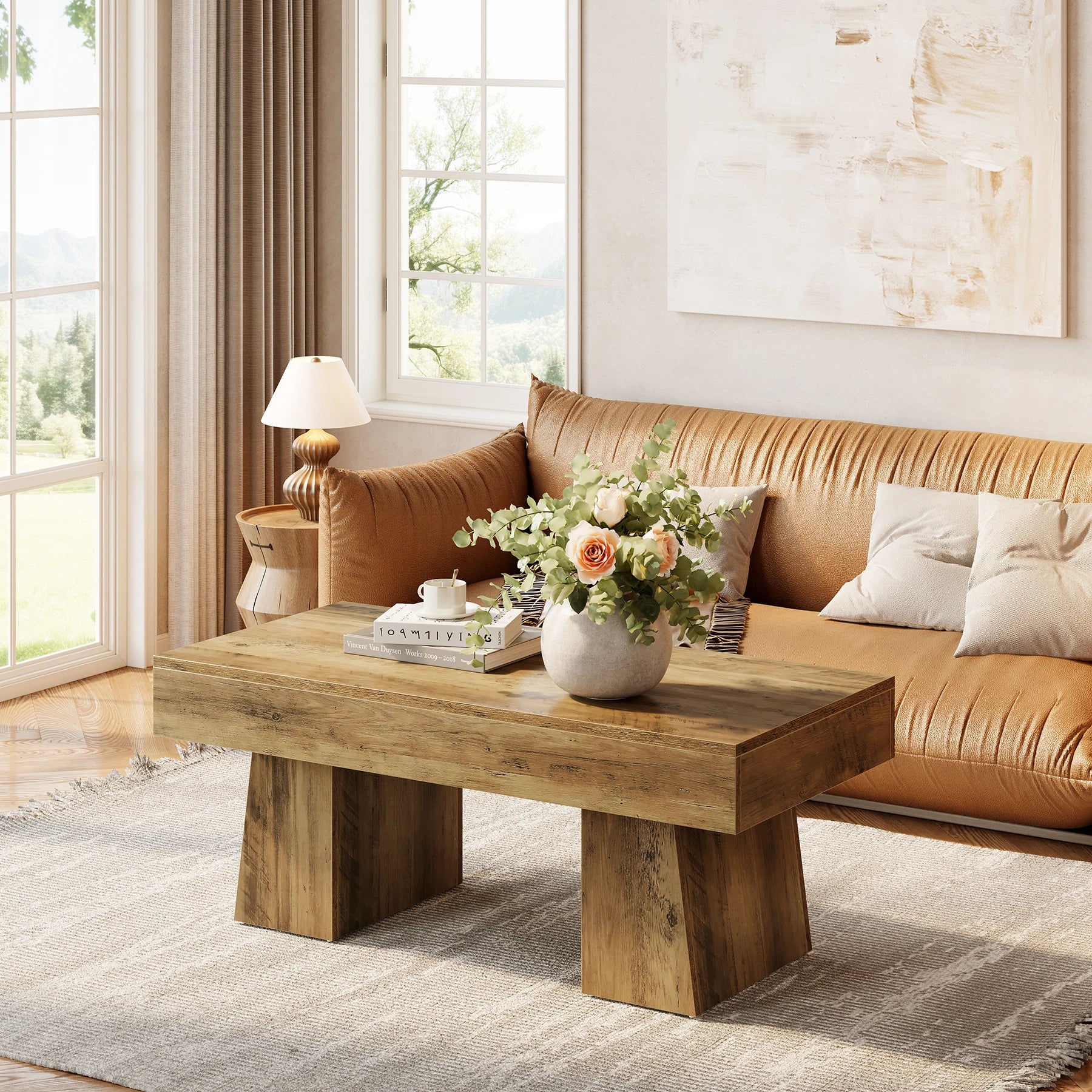 Vintage Coffee Table, 120Cm Wooden Accent Center Tables with Thick Base, Modern Low Cocktail Tea Furniture For