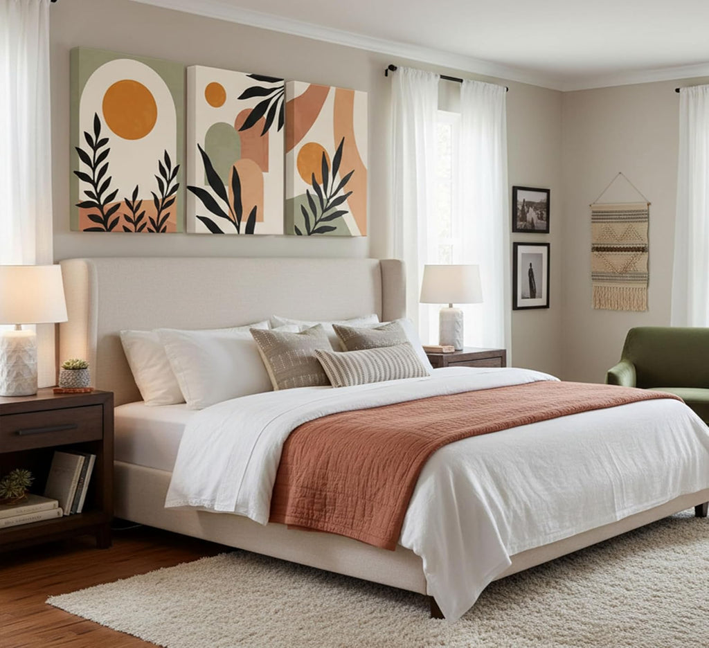 3 Pcs Mid Century Modern Boho Sun Canvas Wall Art | Neutral Abstract Minimalist Bohemian Mountains Plants Picture Wall Decor Poster Prints Artwork for Bedroom Living Room Home