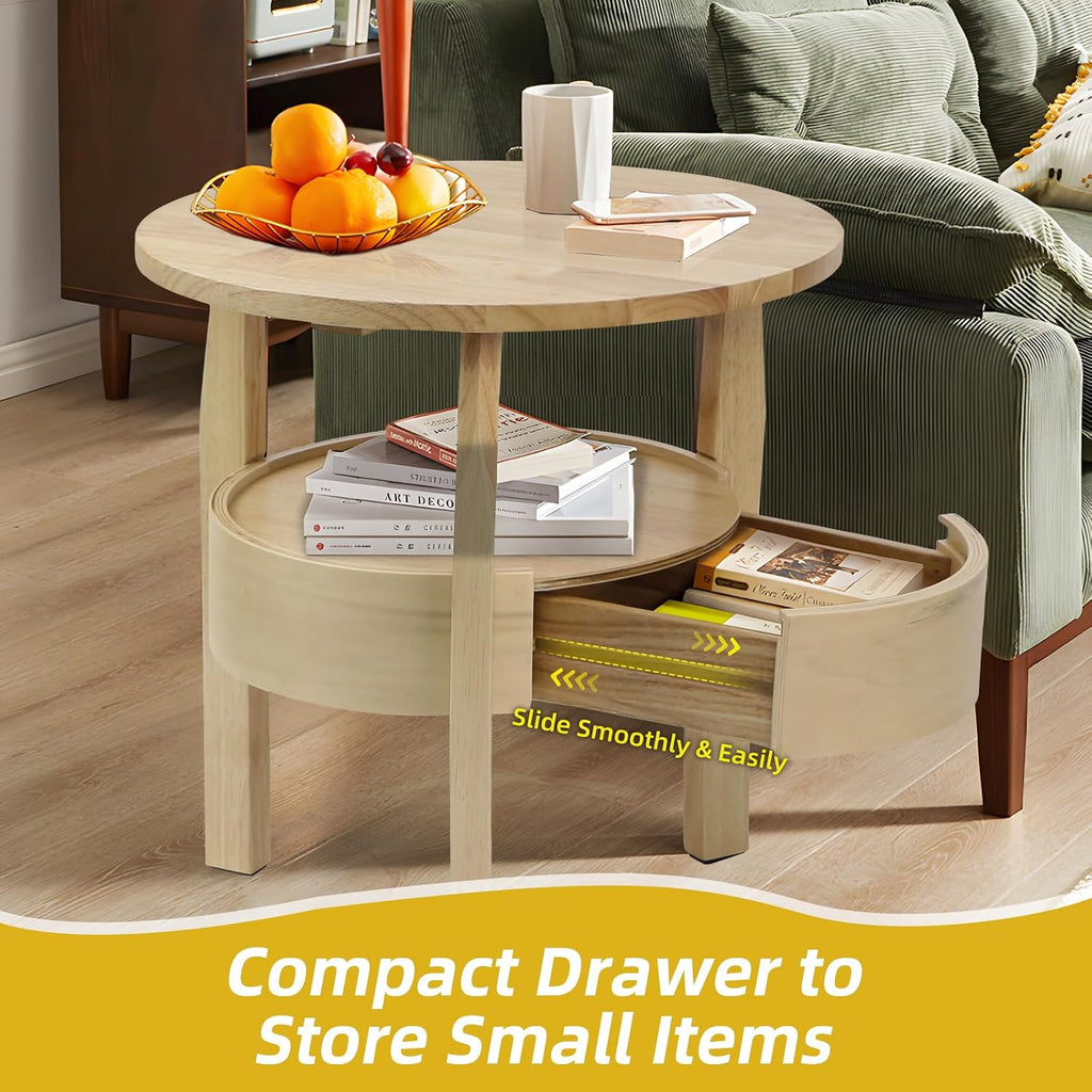 Round Coffee Table with Storage and Hidden Drawer - 20" D X 20" H Natural Wood Side Table with Sliding Drawer, Mid Century Modern Coffee Table, Small Coffee Table for Living Room, Natural Wood Color